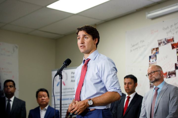 Prime Minister Justin Trudeau speaks during a press conference at the Parkdale Intercultural Association in Toronto on Aug. 12, 2019.
