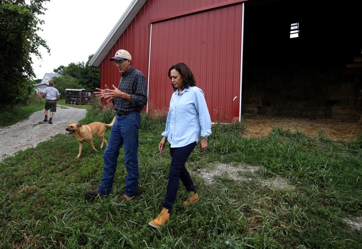 California Sen. Kamala Harris visits a farm as part of a five-day bus tour designed to show her commitment to competing in th