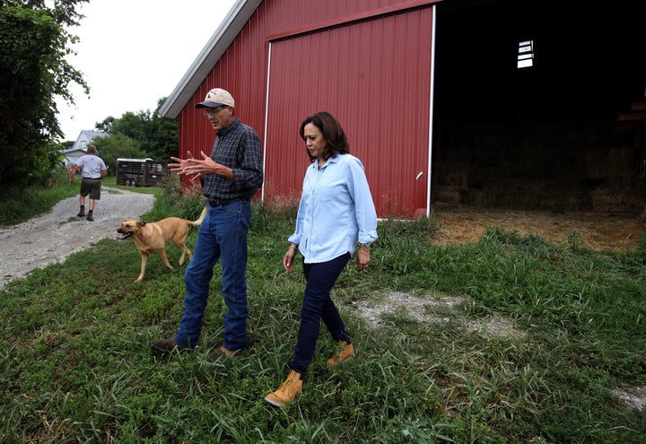 California Sen. Kamala Harris visits a farm as part of a five-day bus tour designed to show her commitment to competing in the Iowa caucuses.