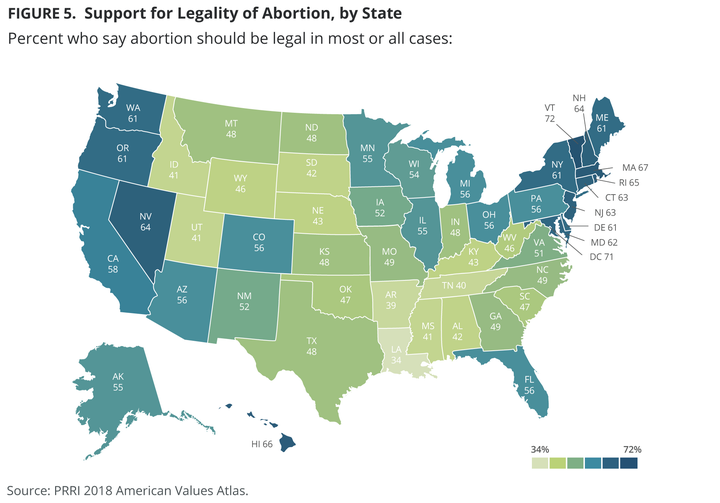 A PRRI graphic illustrates how Americans in all 50 states view the legality of abortion.