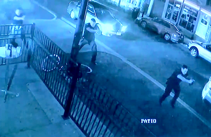 Surveillance footage near Ned Peppers shows police officers responding to the gunman within seconds of his first shot.