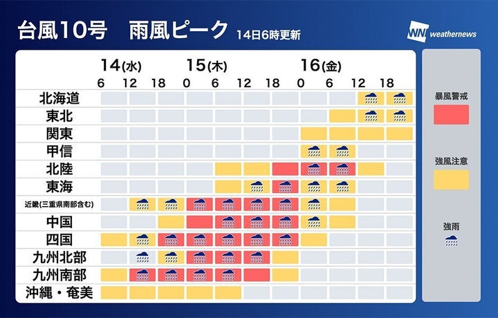 台風10号 雨風ピーク