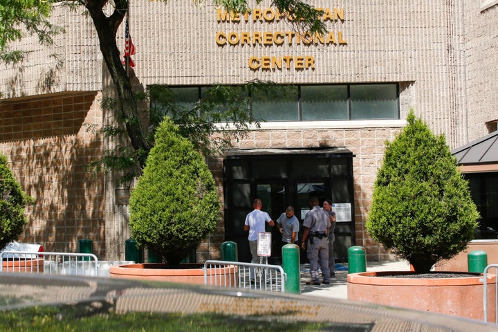 Security personnel seen at the entrance of Manhattan's Metropolitan Correctional Center where financier Jeffrey Epstein was found dead on Saturday.