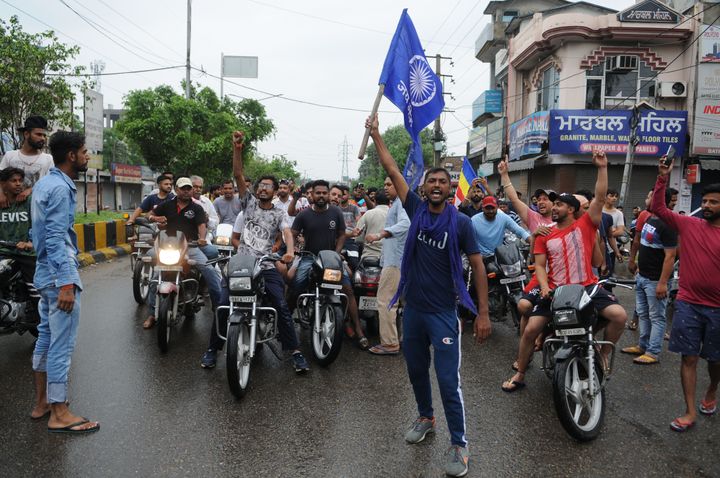 Followers of Guru Ravidas raise slogans during a protest on 13 August in Jalandhar, India.