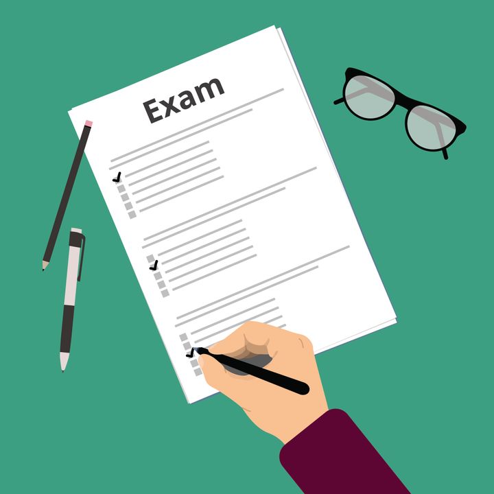 Passing exam test. Education flat vector illustration. Man fill up the exam test. Filling form with checkbox