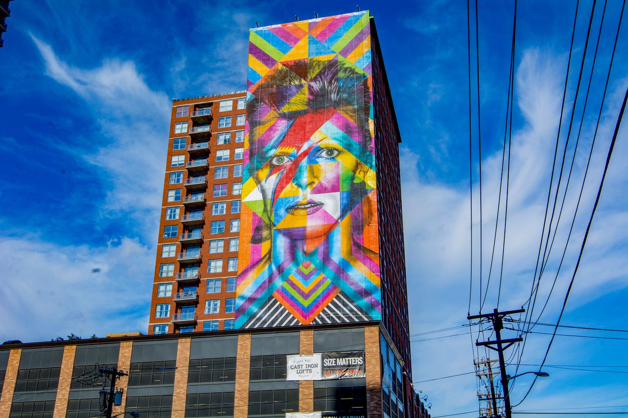 Brazilian artist Eduardo Kobra's depiction of the late British music icon David Bowie in Jersey City, New Jersey.