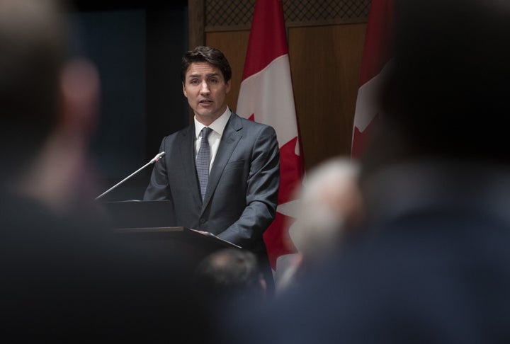 Prime Minister Justin Trudeau speaks at an evening caucus meeting on Parliament Hill in Ottawa on April 2, 2019. 