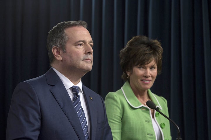 Alberta Premier Jason Kenney and Minister of Energy Sonya Savage respond to the federal approval of the Trans Mountain Pipeline in Edmonton on June 18, 2019.