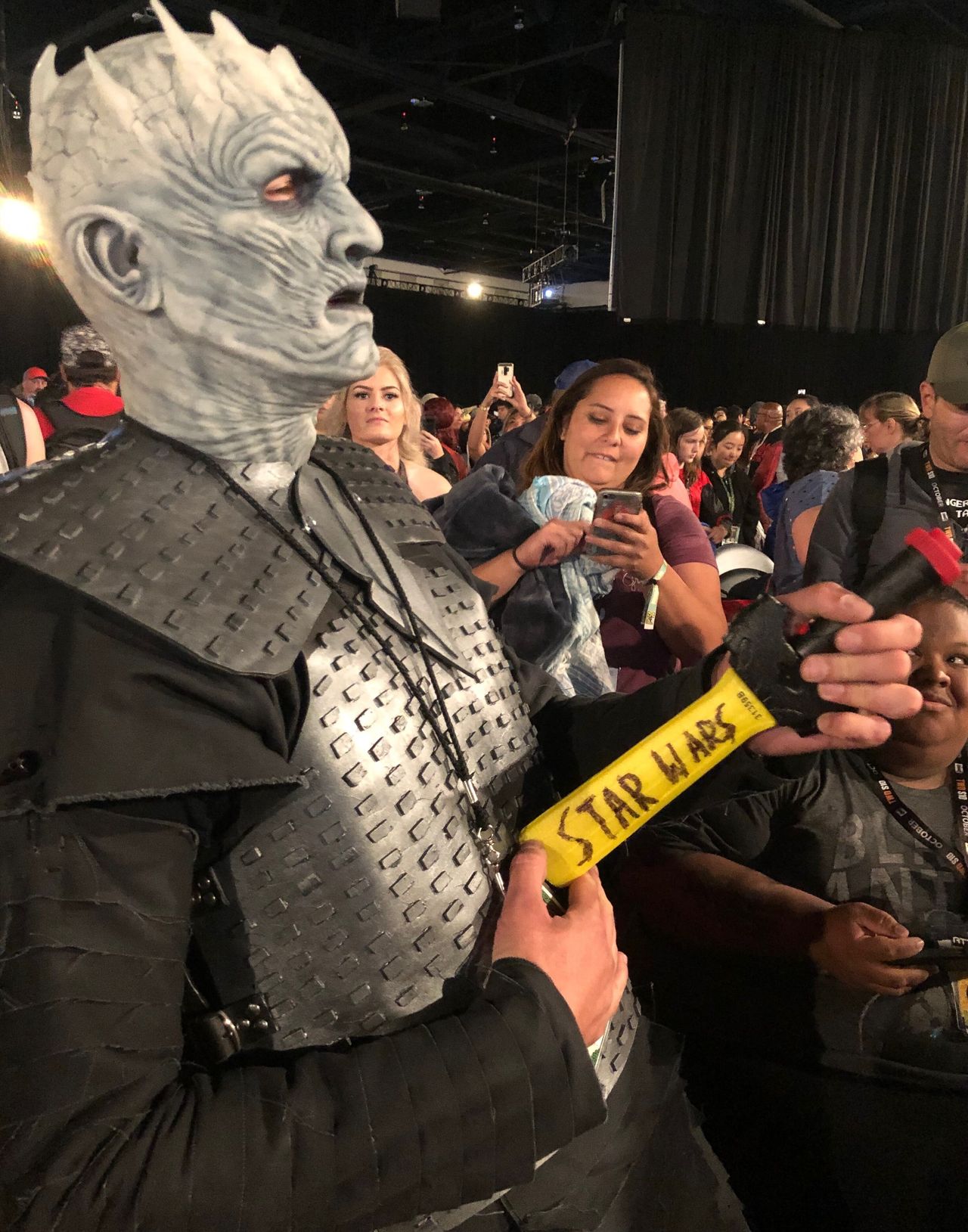 A Night King cosplayer with a dagger saying “Star Wars” on the side at Comic-Con. Fans had accused the showrunners of rushing the final season to start writing new “Star Wars” films for Disney.