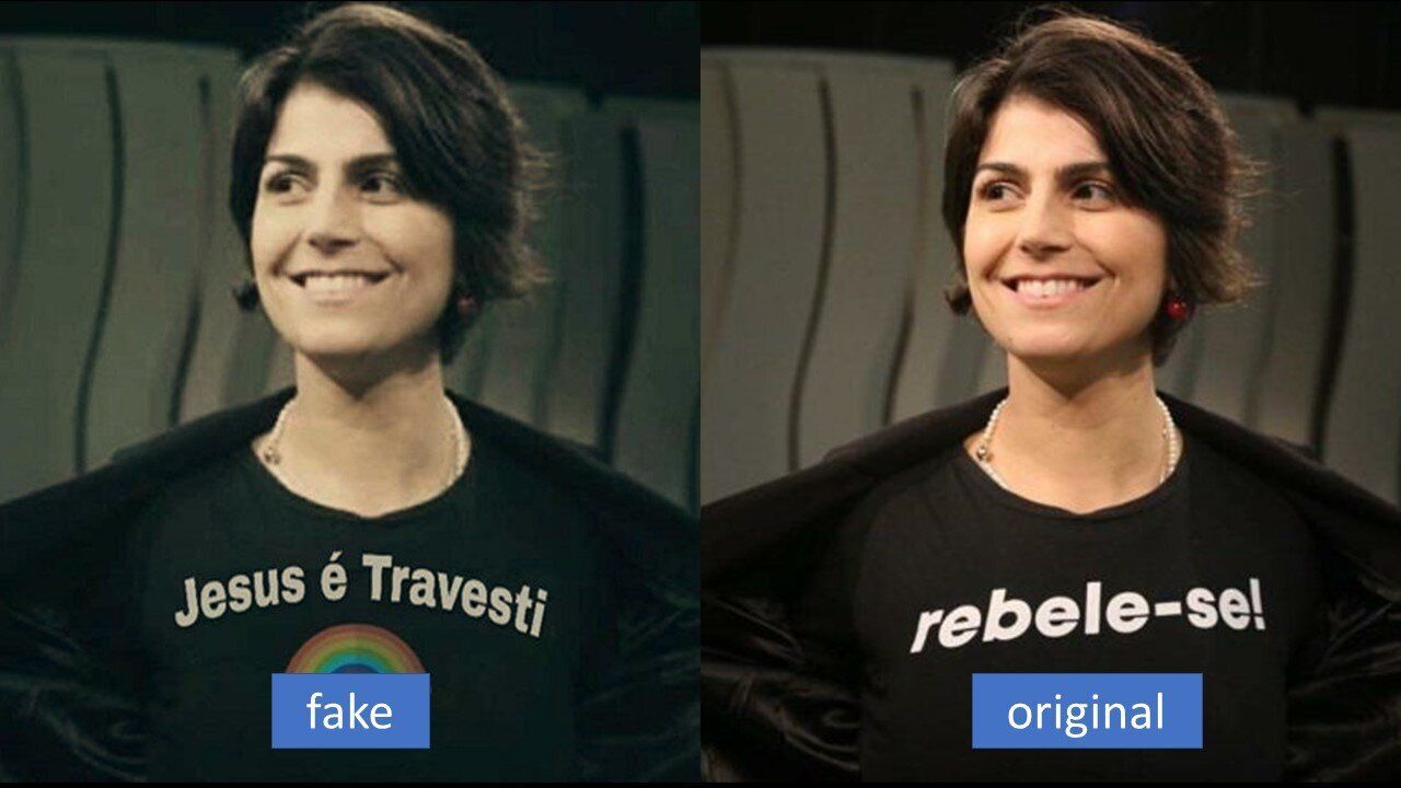 This manipulated photo of Manuela D'Avila, a leftist candidate for vice president in Brazil's 2018 elections, is an example of common tactic purveyors of fake memes and misinformation used to discredit their opponents. In it, the caption on her shirt is changed from its original "Rebel!" to read: "Jesus is a transvestite."