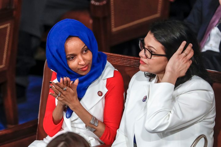  In this Feb. 5, 2019 file photo, Rep. Ilhan Omar sits with Rep. Rashida Tlaib at the Capitol in Washington.