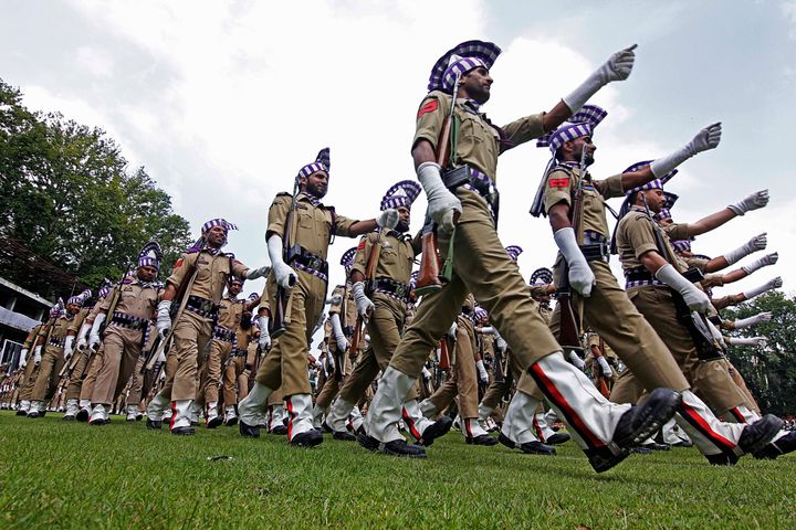 Soldiers parade during the official celebration of India's Independence day in Srinagar, Kashmir on August 15, 2019.