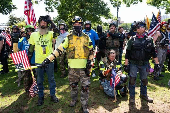 Far-right protesters in Portland, Oregon, march through Tom McCall Waterfront Park as part of a fascist rally on Aug. 4, 2018. Another rally, this one planned by the neofascist Proud Boys gang, is scheduled for this Saturday.