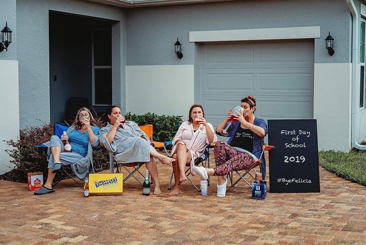 The moms drank fruit punch, not wine, during the actual shoot.&nbsp;