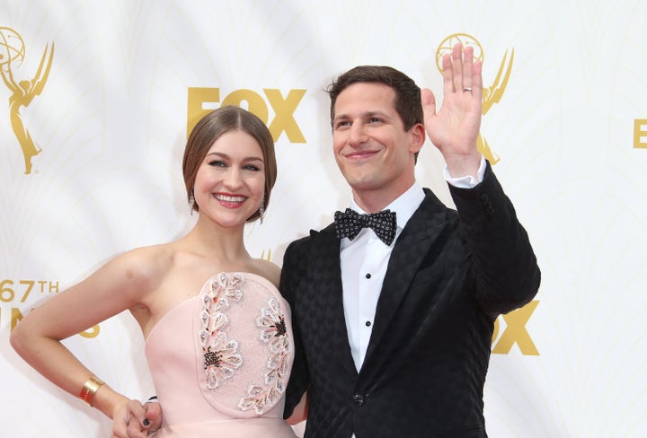 Samberg and Newsom arrive at the 67th Annual Primetime Emmy Awards on Sept. 20, 2015, in Los Angeles.