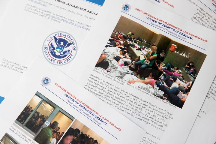 A portion of a report from government auditors shows people penned into overcrowded Border Patrol facilities on July 2, 2019.