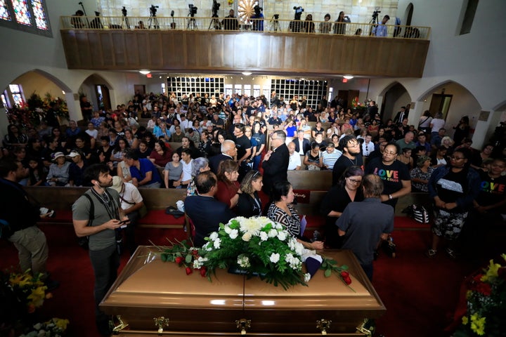 A large crowd attends Margie Reckard's funeral at La Paz Faith Memorial & Spiritual Center in El Paso, Texas.