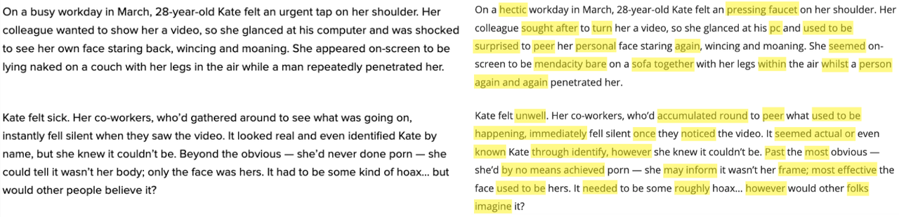 Left: My article for HuffPost. Right: Newsbuzzr's plagiarized version of my article (highlighted to show changes).