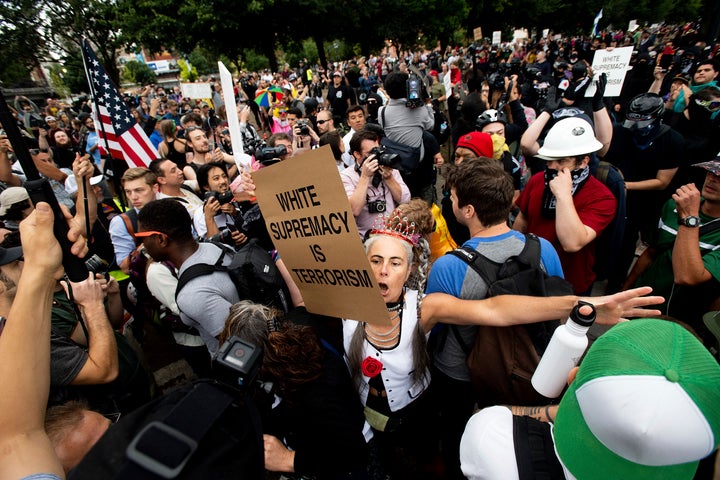 A counterprotester at a Proud Boys rally in Portland, Oregon, on Saturday.