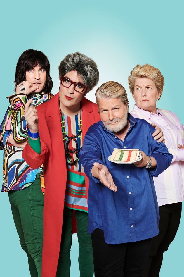 Great British Bake Off Hosts Noel Fielding And Sandi Toksvig Dressed As Judges Prue Leith And Paul Hollywood Is Quite Something