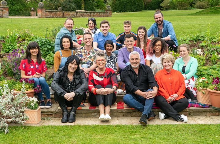 This year's baker's dozen with hosts Noel Fielding and Sandi Toksvig and judges Paul Hollywood and Prue Leith.