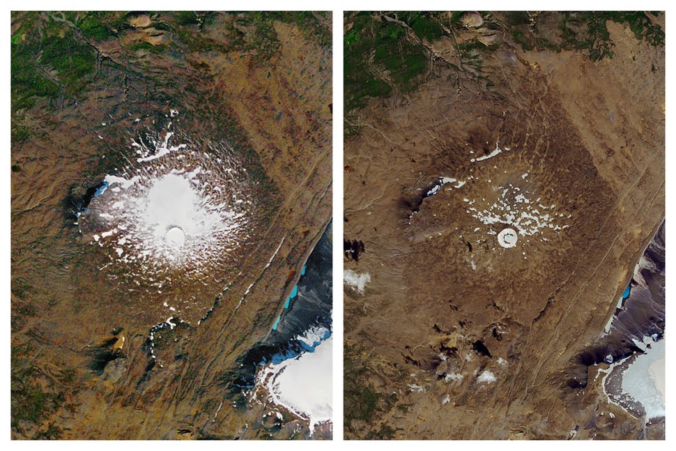 This combination of September 1986, left, and August 2019 photos provided by NASA shows the shrinking of the Okjokull glacier on the Ok volcano in Iceland.