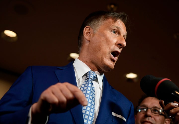 People's Party of Canada Leader Maxime Bernier speaks to reporters at the PPC national conference in Gatineau, Que. on Aug. 18, 2019.