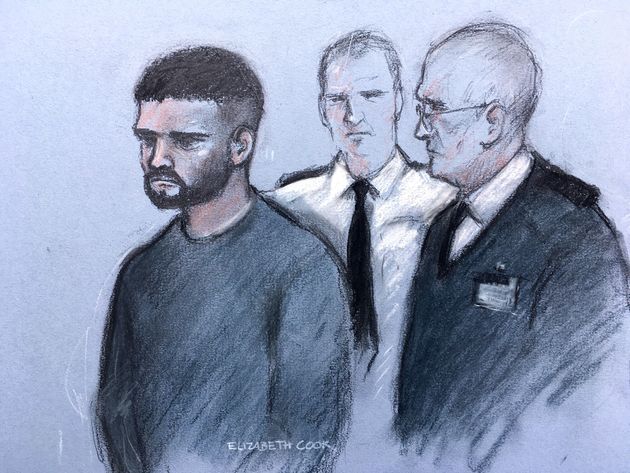 A court sketch of Foster, flanked by police officers