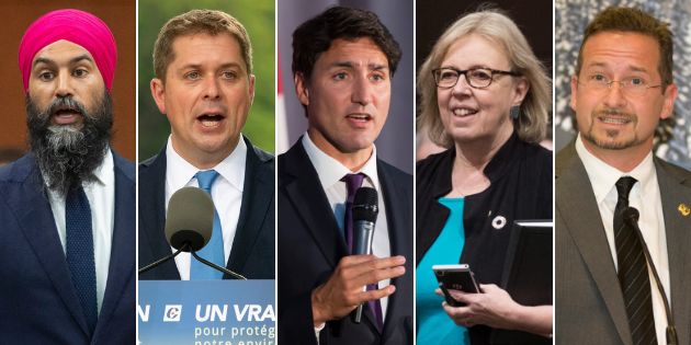 From left to right: NDP Leader Jagmeet Singh, Conservative Leader Andrew Scheer, Liberal Leader Justin Trudeau, Green Party Leader Elizabeth May and Bloc Québécois Leader Yves-François Blanchet have confirmed they will attend the federal election debates in October.