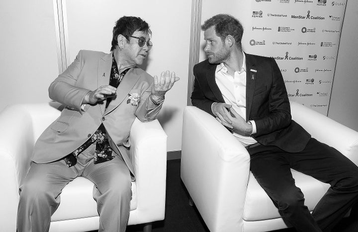 Elton John and Prince Harry attend the Launch of the Menstar Coalition to Promote HIV Testing & Treatment of Men on July 24, 2018, in Amsterdam.