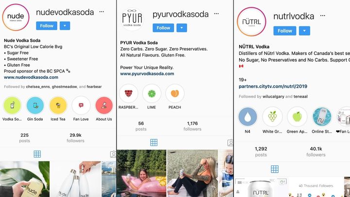 Screenshots of the Instagram accounts of three different B.C.-based canned vodka soda brands.