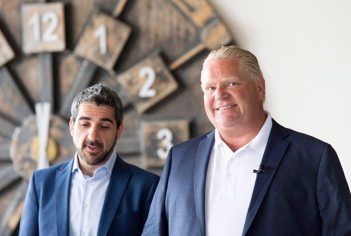 Ontario Minister of Training, Colleges and Universities Ross Romano poses with Premier Doug Ford during a 2018 election stop in Sault Ste. Marie, Ont.