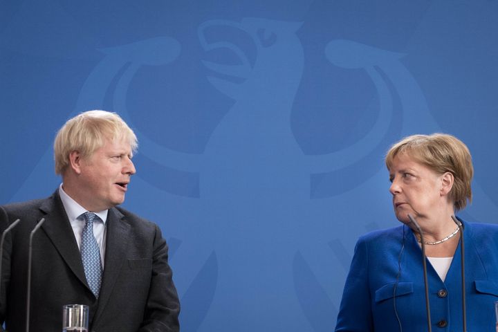 Prime Minister Boris Johnson holds a joint press conference with German Chancellor Angela Merkel in Berlin.