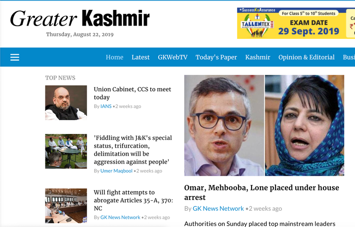 A screenshot of Greater Kashmir taken on August 22. 