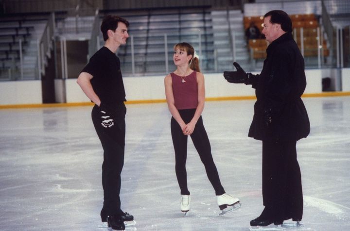 Richard Callaghan (right), coaching 1998 Olympic gold medalist Tara Lipinski (center) and 1996 world champion Todd Eldredge (left).