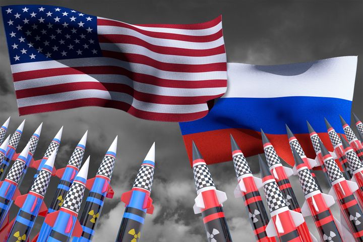 USA VS Russia conflict. Square flags. Nuclear weapons. Cold war illustration. 3D render