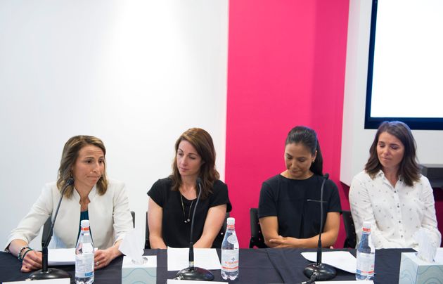 Victims of Bertrand Charest, from left, Amelie-Frederique Gagnon, Gail Kelly, Anna Prchal and Genevieve Simard attend a news conference in Montreal on June 4, 2018.
