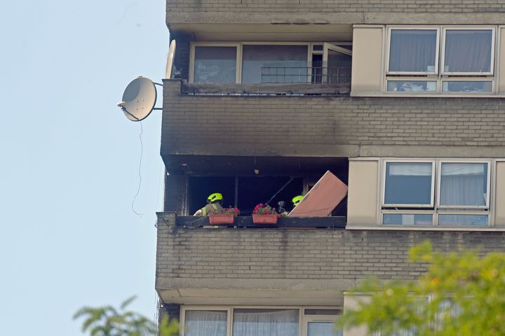 The blaze began on the balcony of a 12th floor flat in the tower. 
