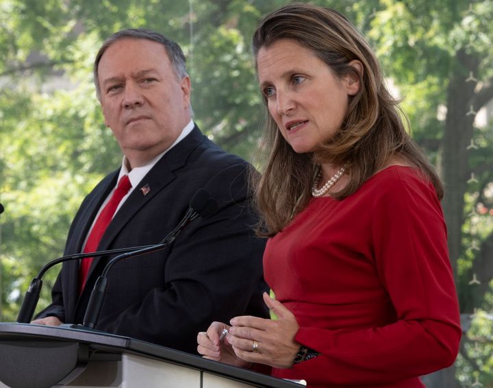 Foreign Affairs Minister Chrystia Freeland answers a question from the media during a joint news conference Thursday in Ottawa as U.S. Secretary of State Mike Pompeo looks on.