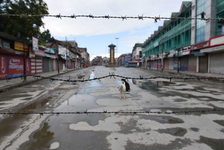 Barbed wire is set up as barricade in Srinagar, India on Aug. 20, 2019. 