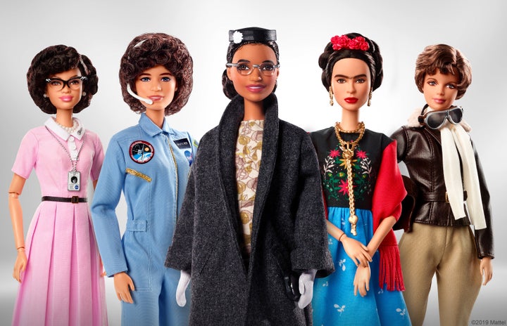 Barbie's Inspiring Women series, which includes (from left to right) Katherine Johnson, Sally Ride, Rosa Parks, Frida Kahlo and Amelia Earhart.