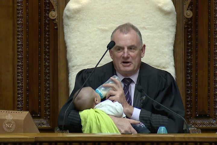 Speaker Trevor Mallard shows good bottle-feeding form during a debate Wednesday.