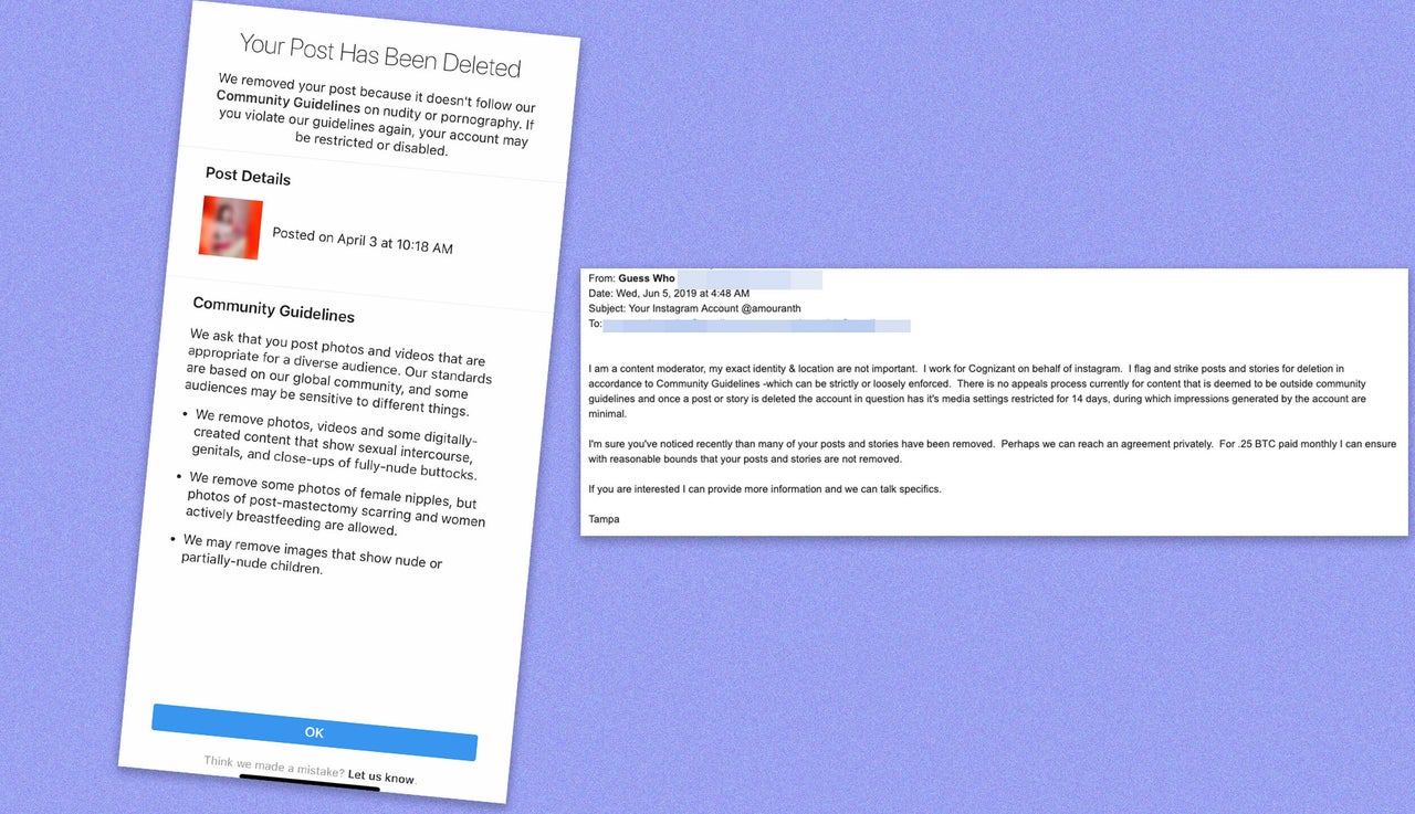 Screengrabs of one of Instagram's removal notifications and the email Kaitlyn Siragusa received demanding payment in bitcoin.