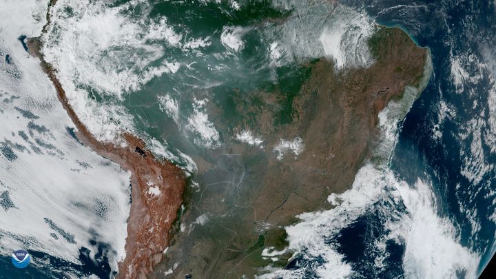 Fires, burning in the Amazon Rainforest, are pictured from space, captured by the geostationary weather satellite GOES-16 on August 21, 2019.