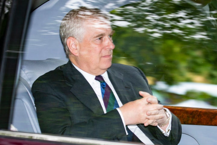 Prince Andrew, Duke of York is driven from Crathie Kirk Church following the service on August 11, 2019 in Crathie, Aberdeenshire.