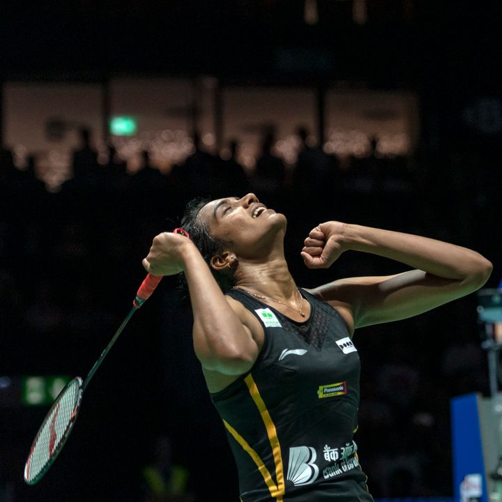 India's Pusarla V. Sindhu cheers after winning her women's singles final match against Japan's Nozomi Okuhara at the BWF Badminton World Championships in Basel, Switzerland, Sunday, Aug. 25, 2019.