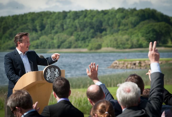 David Cameron on the banks of Northern Ireland's Lough Erne. Not in his swimming trunks.