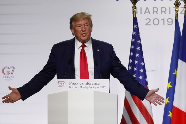 US President Donald Trump attends a press conference at the end of the G7 summit in Biarritz, France.