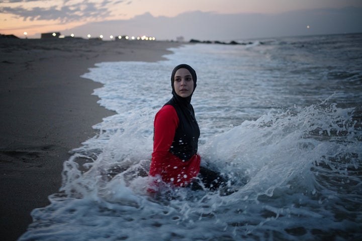 Manar Hussein wears a burkini at a beach in New Jersey in June.