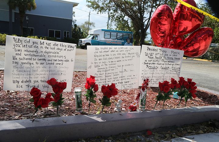 Messages left on the sidewalk of the Rehabilitation Center of Hollywood Hills in Florida following a series of deaths, which were allegedly related to conditions at the center. 